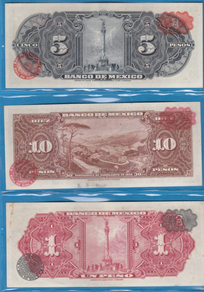 Three 1954 Mexico Notes ( 1, 5 & 10 Pesos Notes)