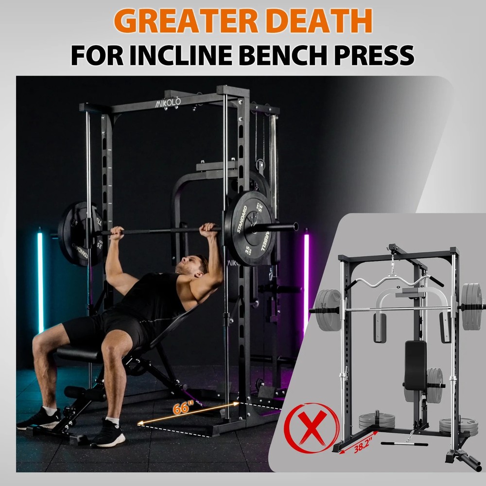 Smith Machine Home Gym Power Rack w/ Pec Deck Lat Pulldown & Low Row