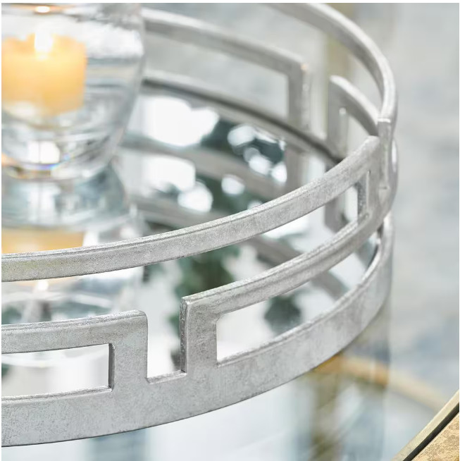 Modern Round Silver Geometric Mirrored Tray (15" Diameter)