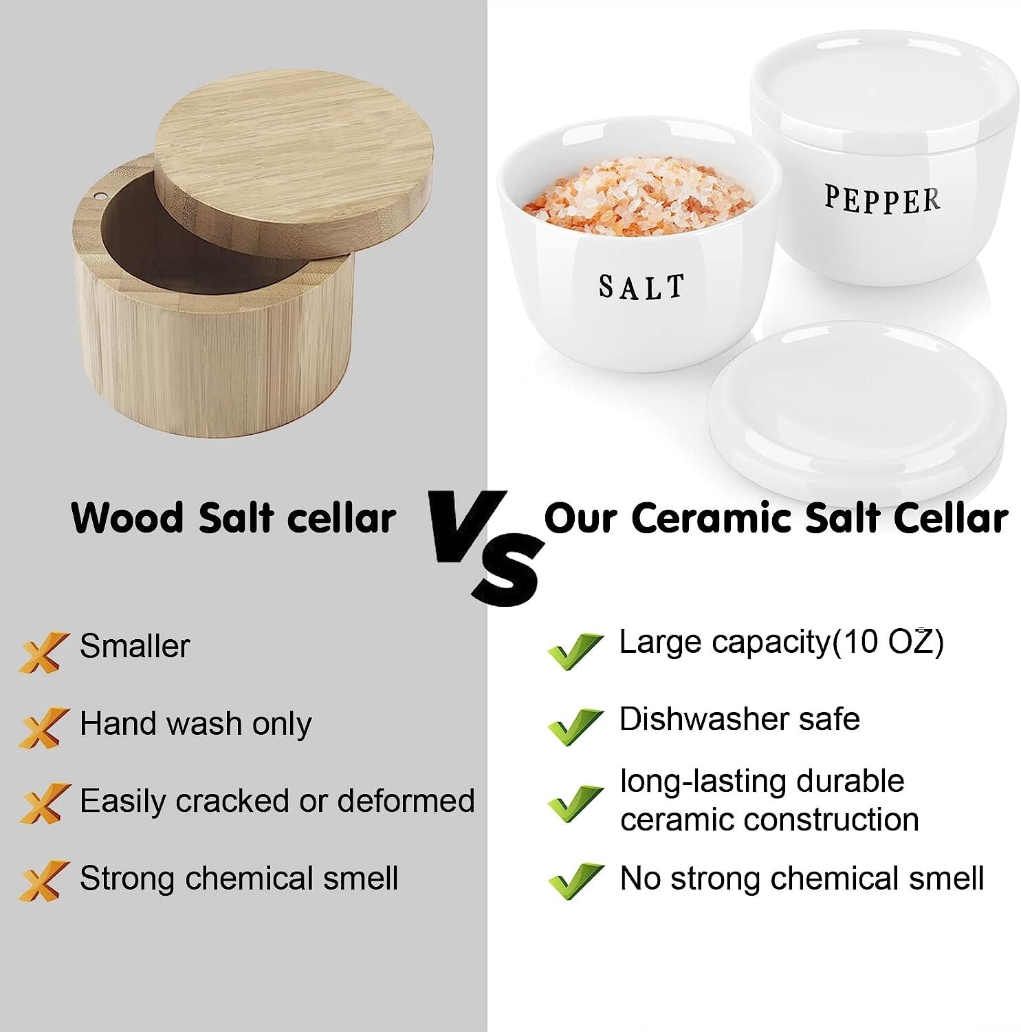 Set of 2 Ceramic Salt and Pepper 10 oz Bowls Container Set with Lids, White