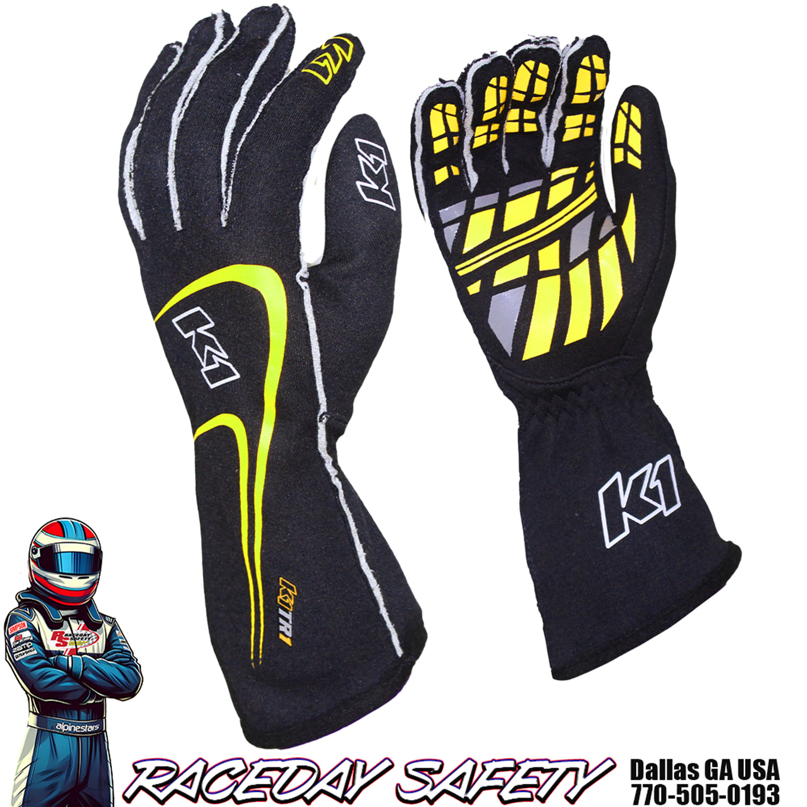 K1 RaceGear Track 1 Nomex Racing Gloves SFI 3.3/5 Black/Fluo Yellow Kids & Adult