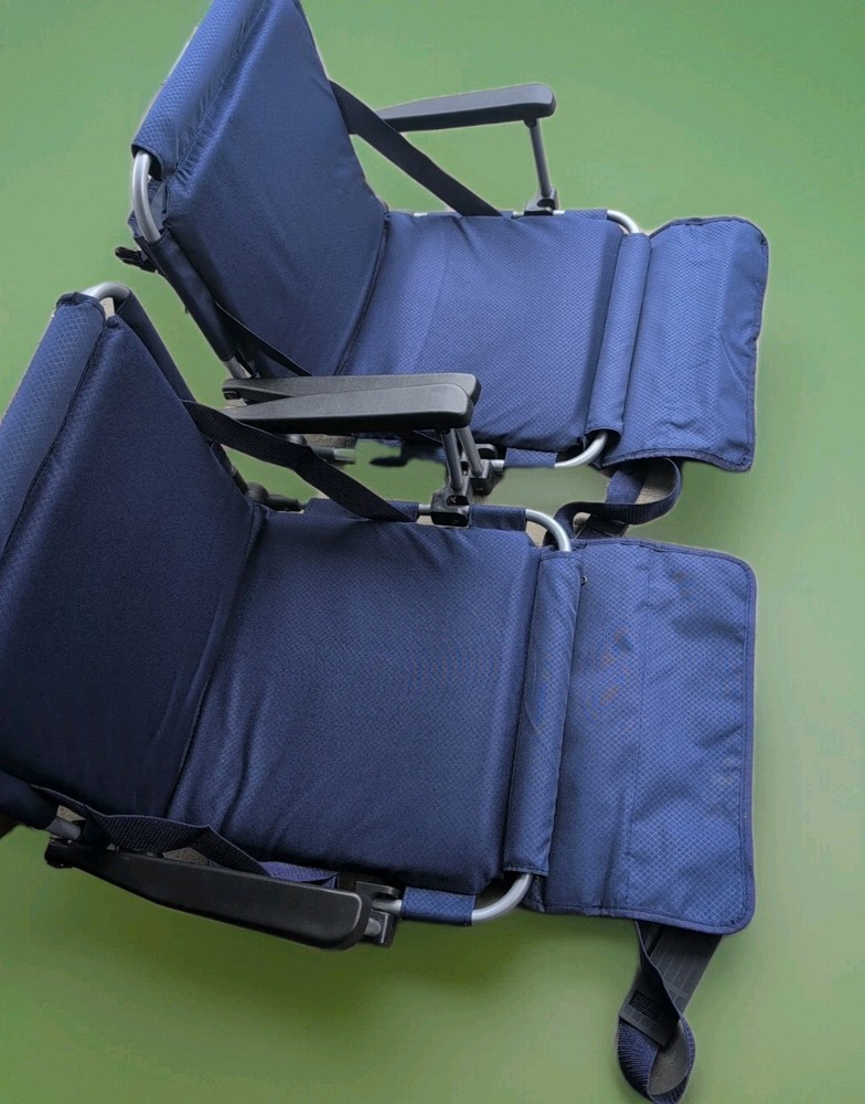 2 Folding Bleacher Or Stadium Seats Blue W/Back Rest wPocket Never Used/Open Pkg