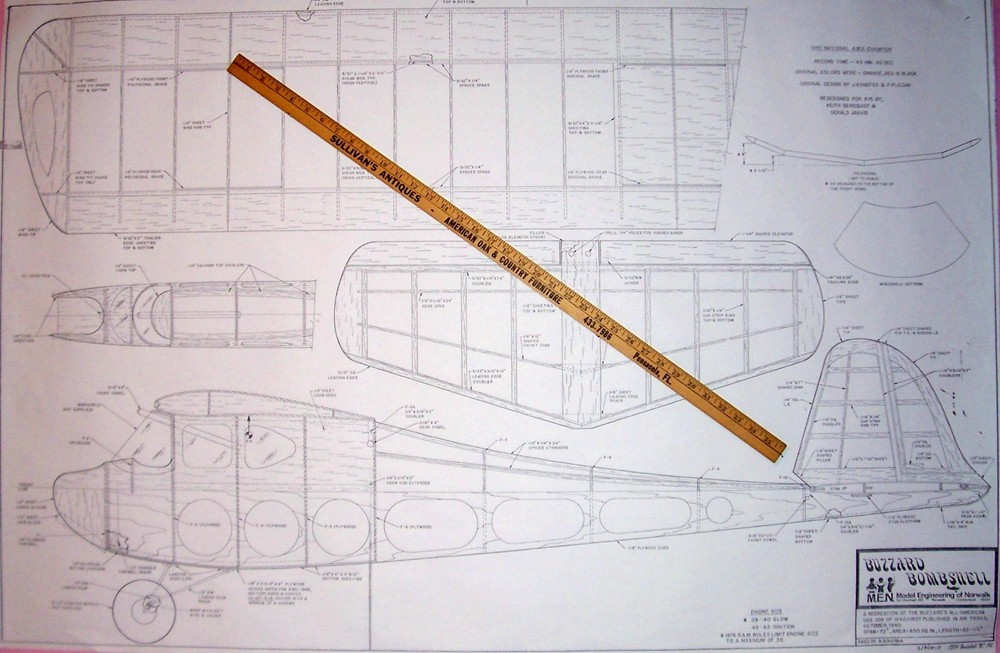 MEN BUZZARD BOMBSHELL PLAN + PARTS PATTERNS & Article for 72" RC Model Airplane