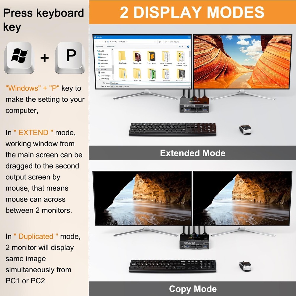 KVM Switch 2 Computer 2 Monitors HDMI USB 3.0 4K@60Hz HD Res w/ EDID Function