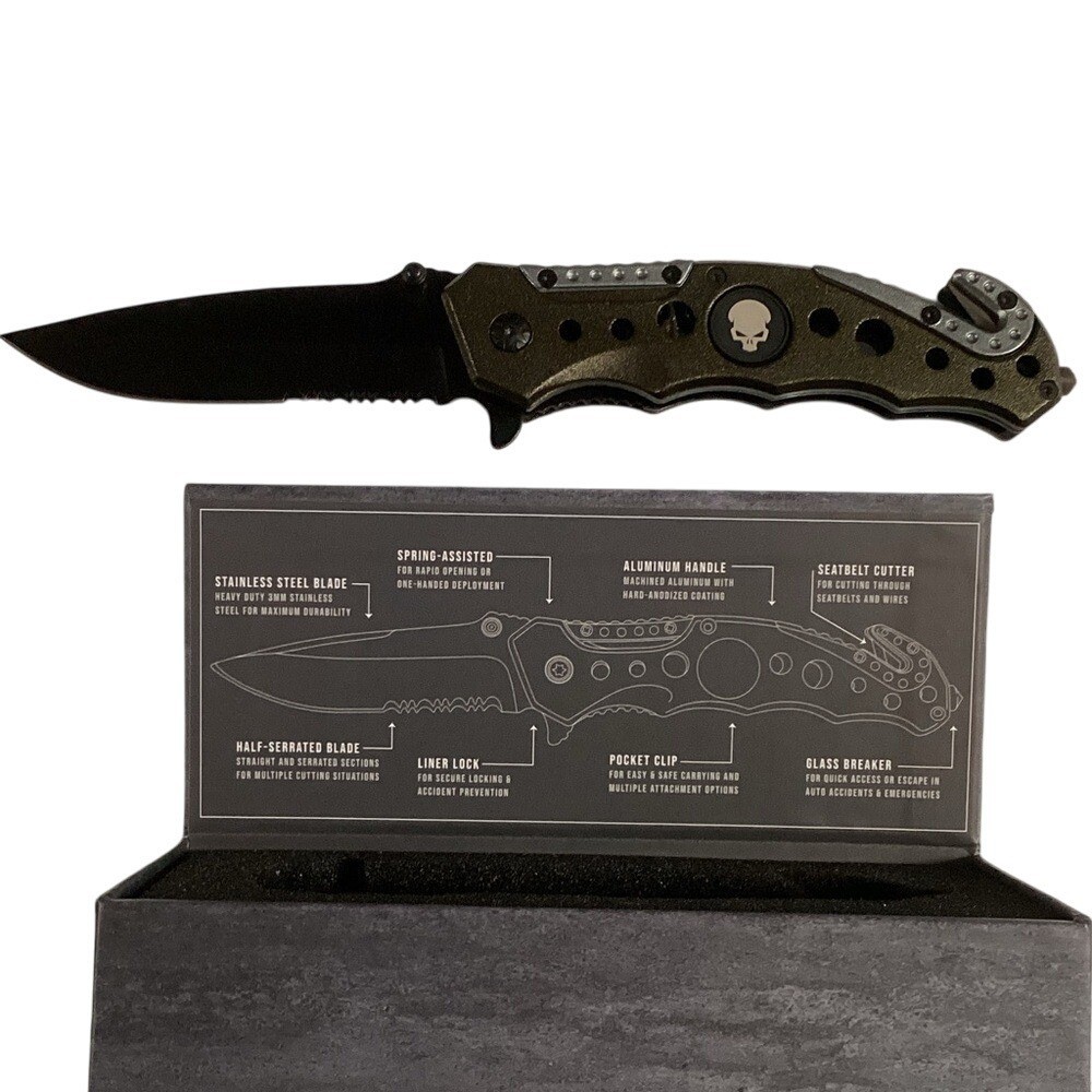 Tactical Folding Knife with Skull Emblem