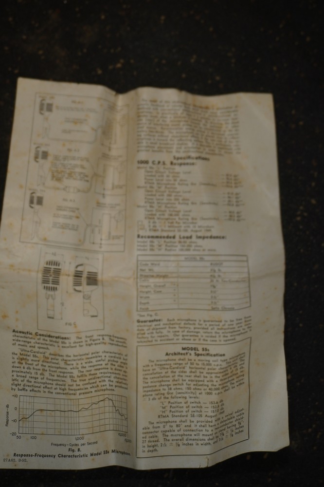 Shure 55s Microphone Data Sheet 1952