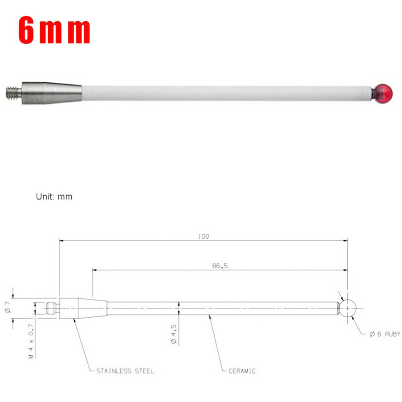 1pcs A-5000-3712 CMM Touch Probe Stylus 6mm Ruby Ball Tips 100mm M4 Ceramic Stem