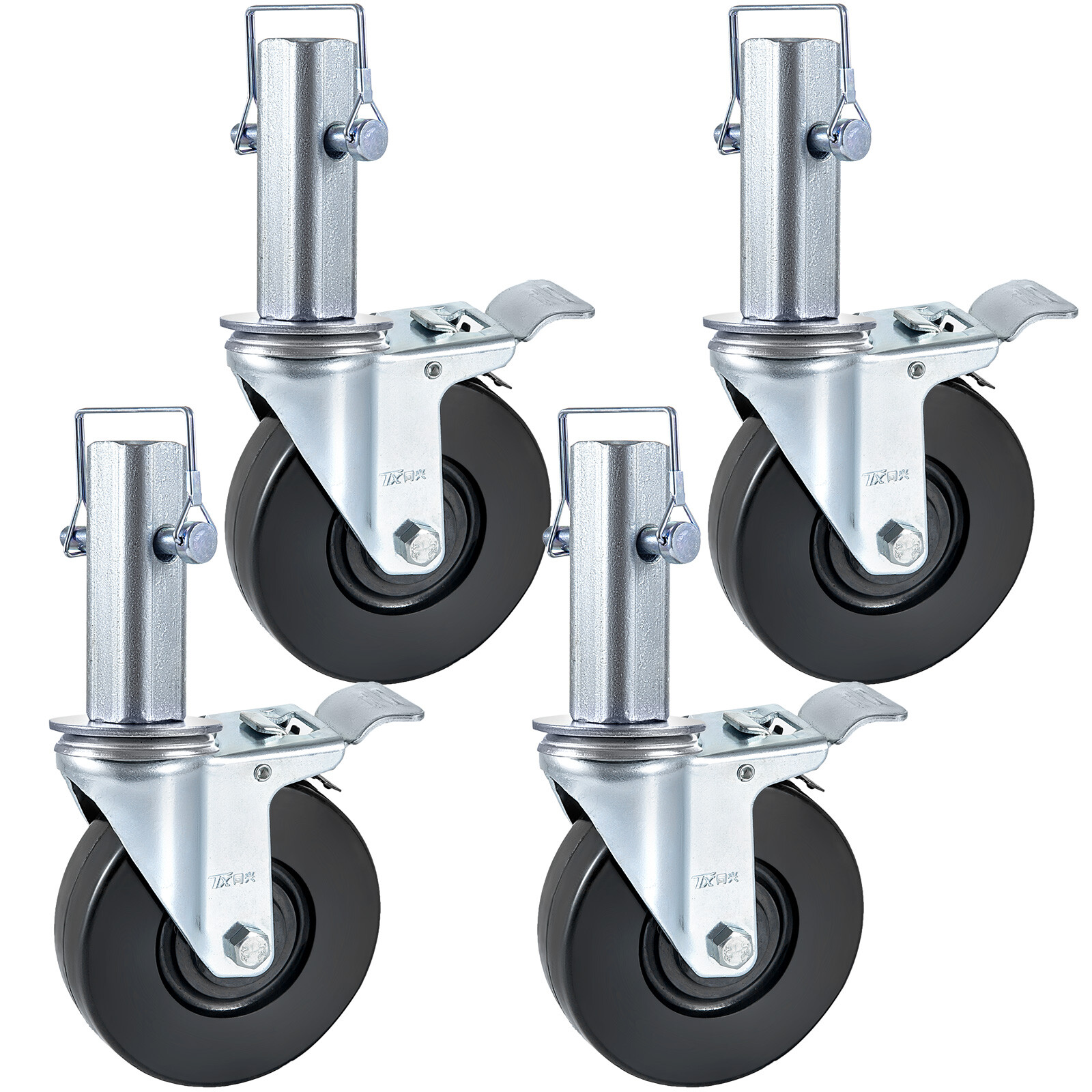 5" Scaffolding Casters Hard Rubber Wheels w/ Lock Brake 1.25" Square Shank 4 PCS