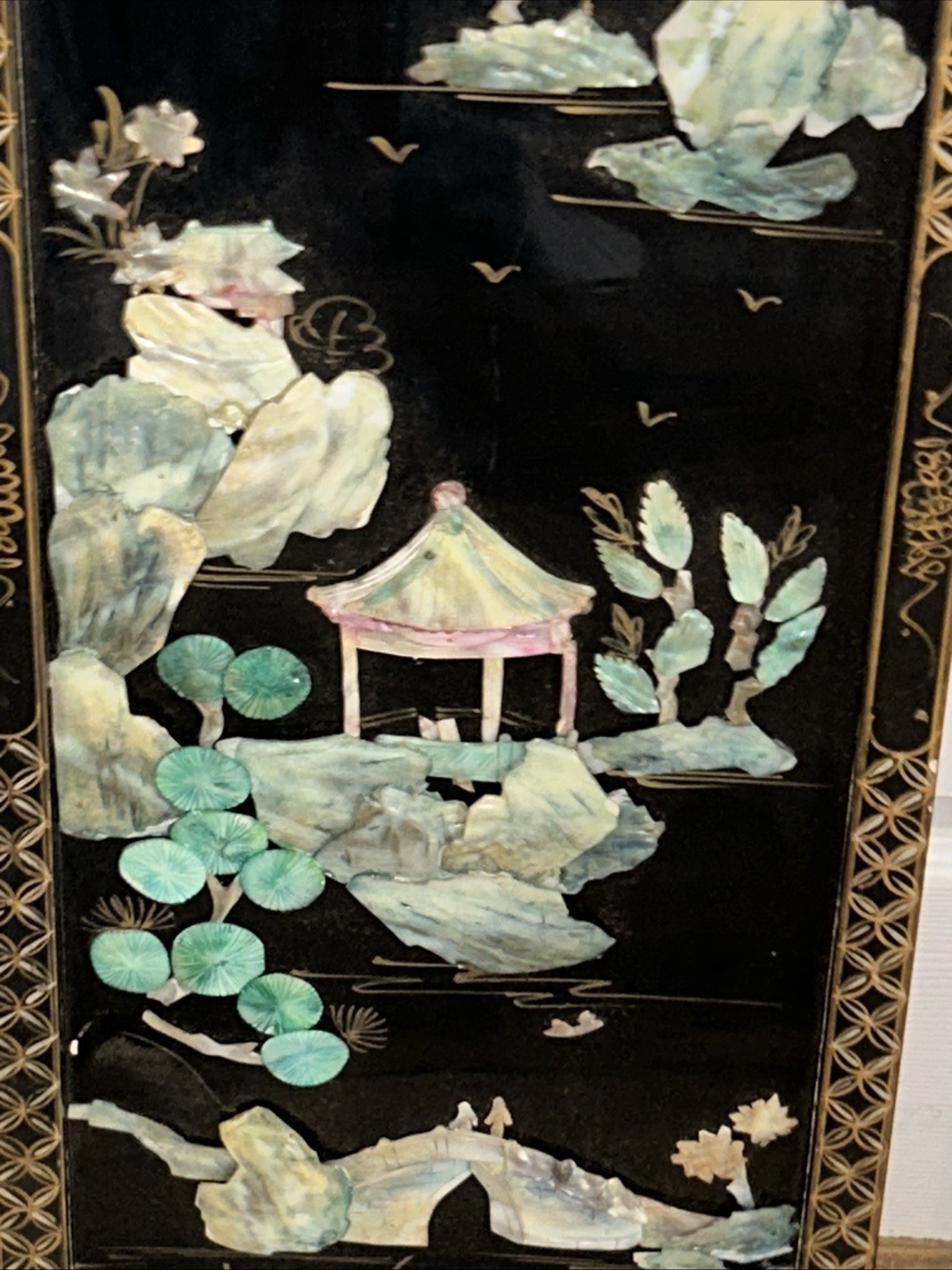3 Vintage Laquered Asian With Mother of Pearl Panels 12”x 36”