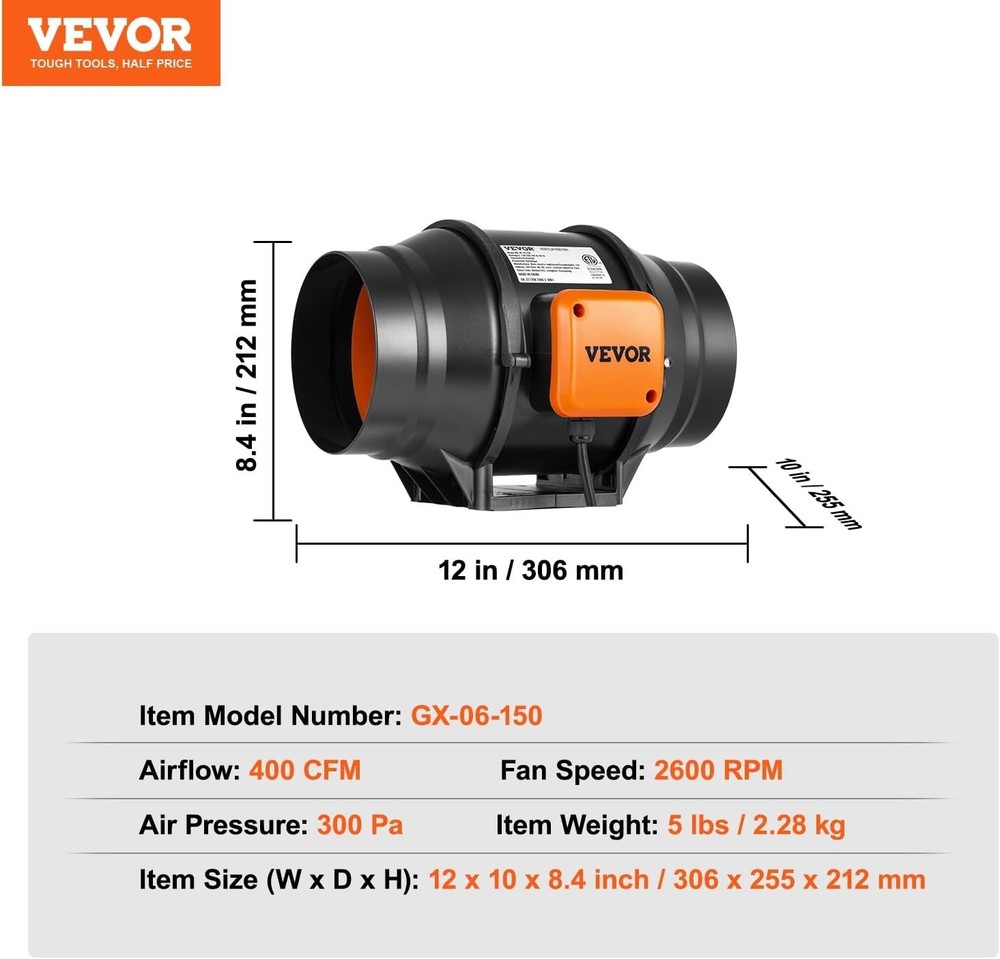 VEVOR Inline Duct Fan, 6-Inch 400 CFM with Variable Speed Controller - Black