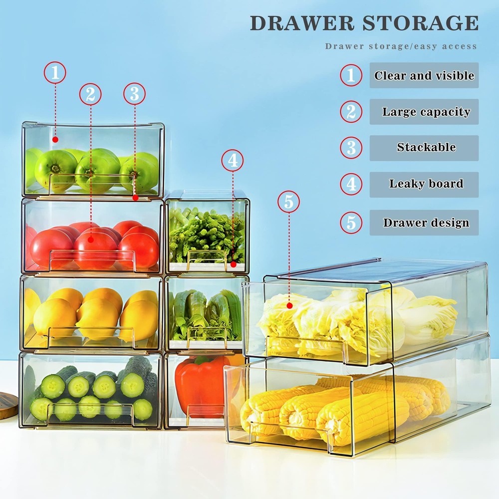 2 Pack Stackable Refrigerator Drawers Pull Out Bins Clear Fridge Drawer Organ...