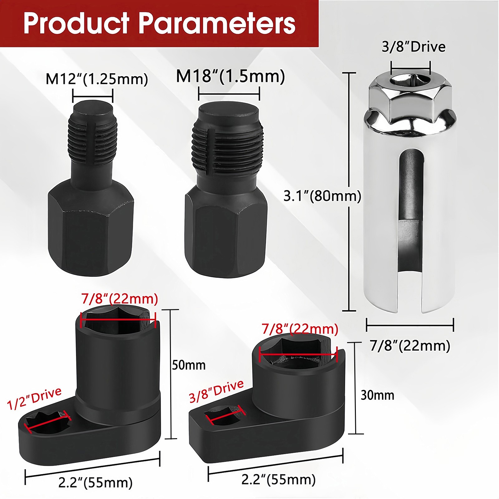 5pcs O2 Oxygen Sensor Socket Wrench Removal Tool 3/8" 1/2" Drive x 7/8" 22mm Set