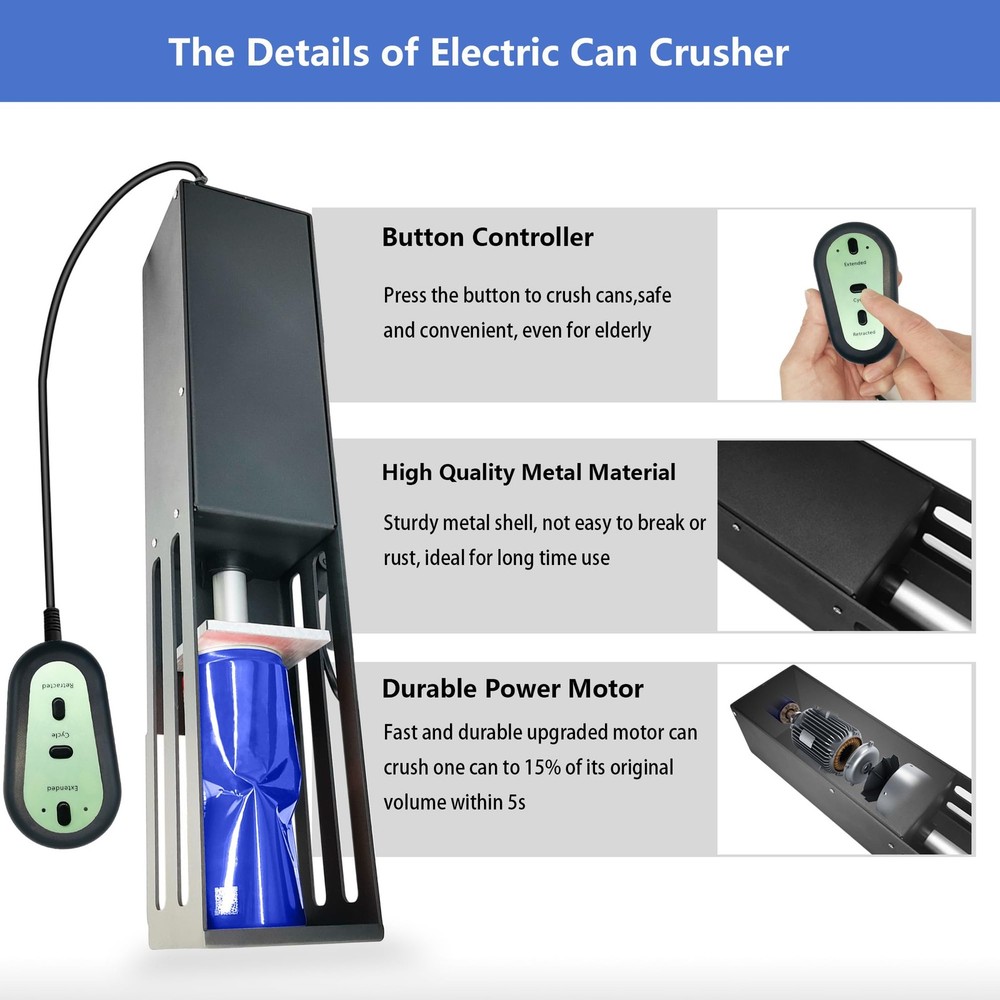 Electric Can Crusher Button Controller Automatic Auto Cycle Mode 8/12/16oz BLACK