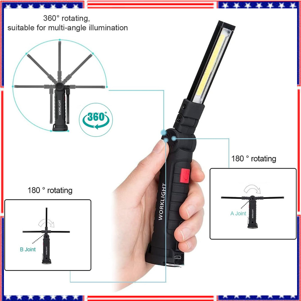 Rechargeable LED Work Light Magnetic Foldable Flashlight with Hook 5 Modes