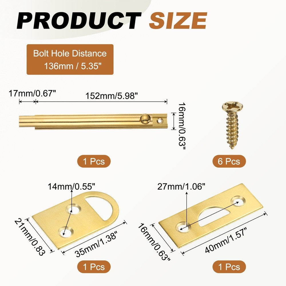 6" Solid Brass Surface Bolt, Polished Slide Latch Door Lock, Brass Tone