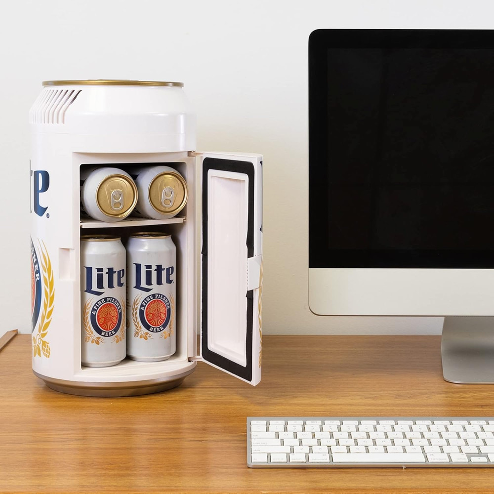 Miller Lite Mini Fridge - Portable Cooler for Drinks, 8 Can Capacity