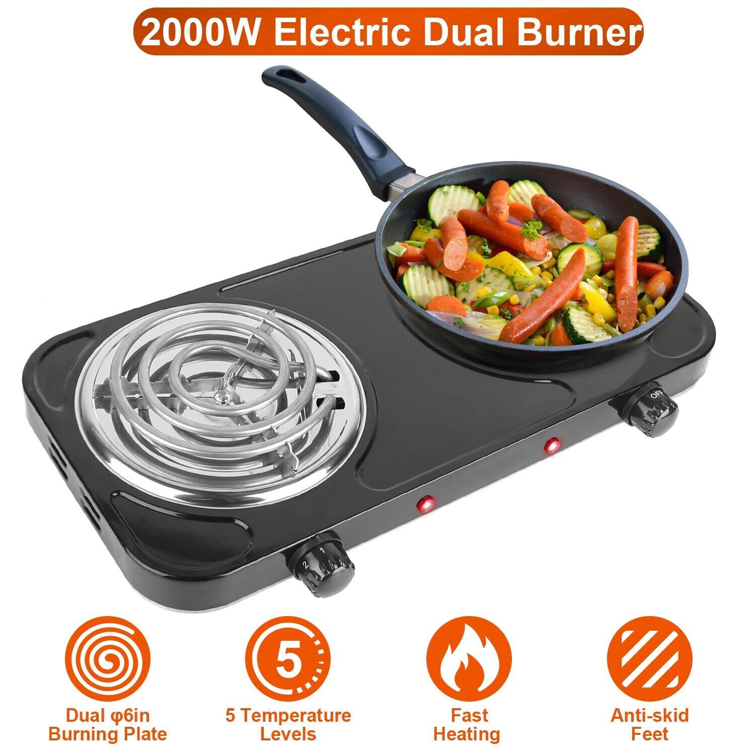 2000W Portable Kitchen Electric Double Burner Hot Plate Cooktop Cooking Stove US