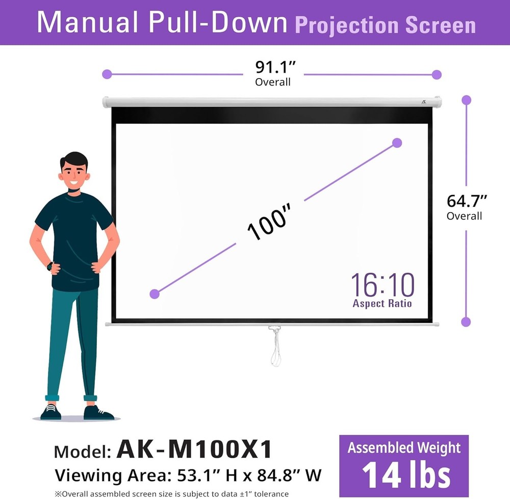 100 Inch Manual Pull Down Projector Screen, 16:10 Retractable Projection Scre...