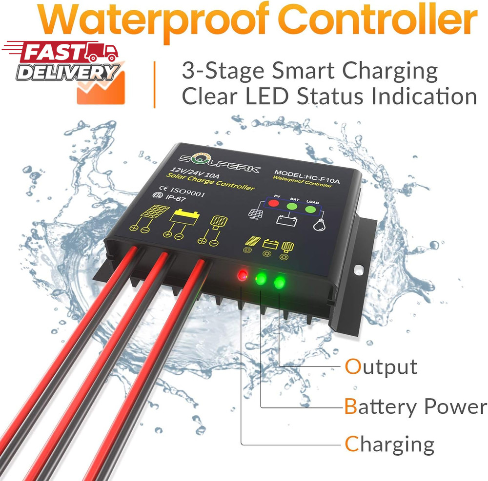 SOLPERK 10A Solar Charge Controller Waterproof Solar Panel Controller 12V/24V PW