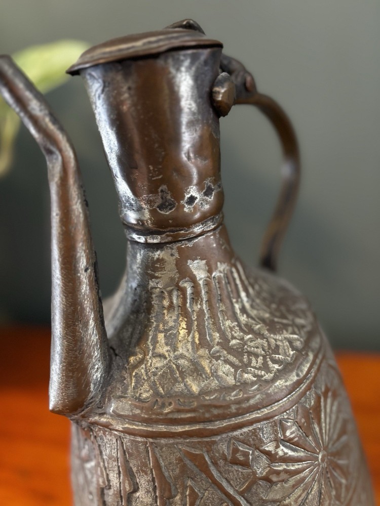 Antique Middle Eastern Hand Hammered Tinned Copper Ewer