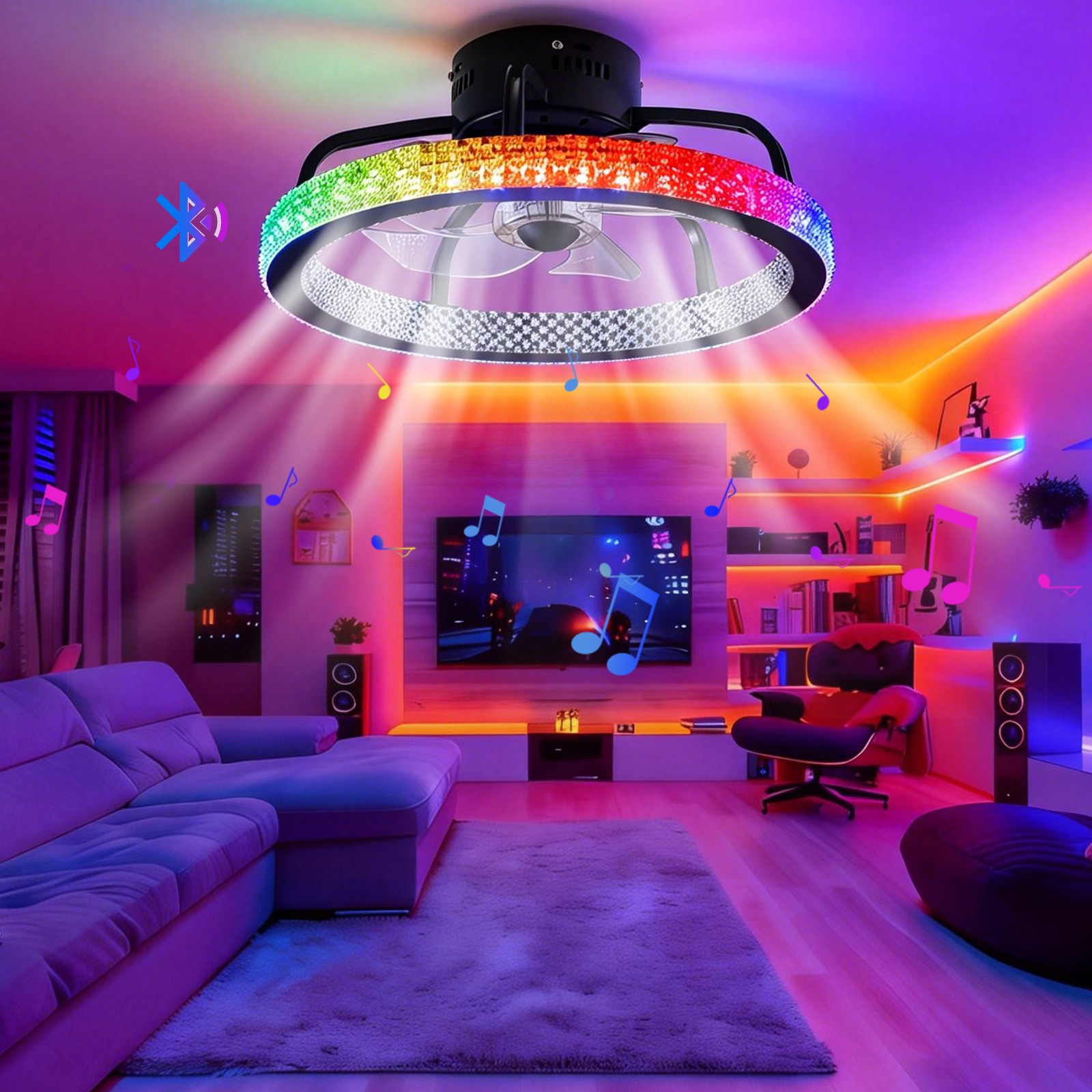 TCFUNDY Flush Mount LED Ceiling Fan with Light APP Control w/ Bluetooth Speaker