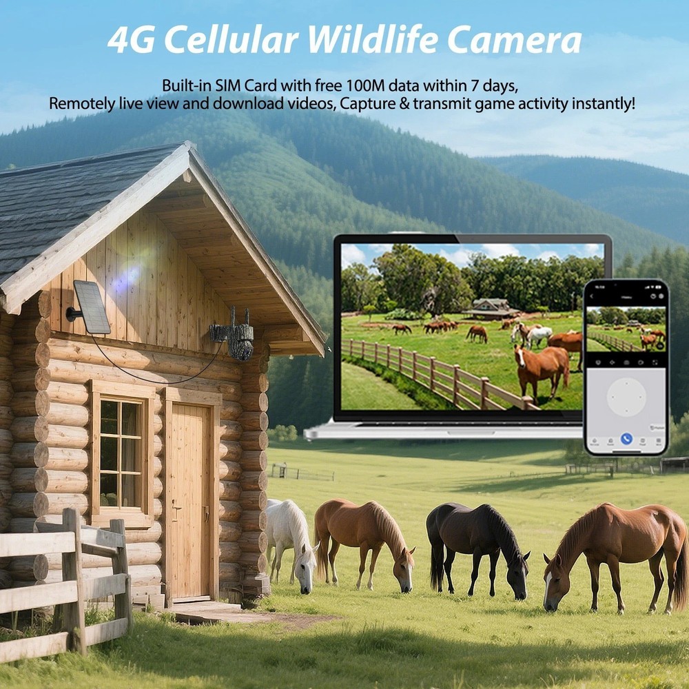 4G LTE Cellular Trail Camera with Solar Panel 2.5K Smart Security Cam Auto Track