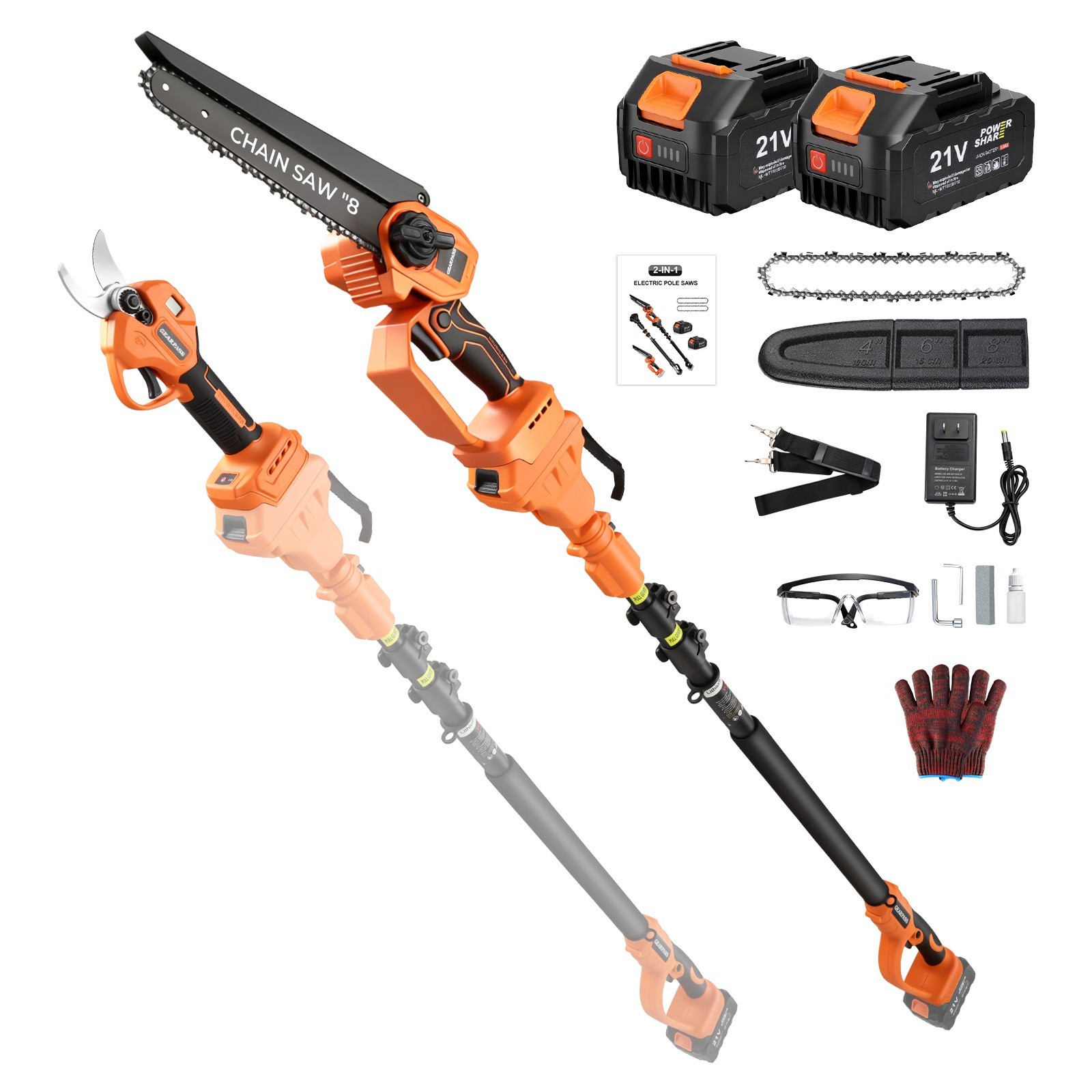 4-in-1 Cordless Pole Saw & Pole Pruning Shears Combo Kit Chainsaw Cutter 8 Inch