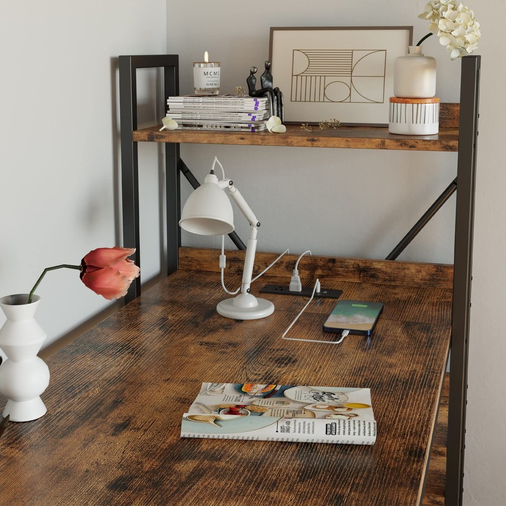 IRONCK 55" Computer Desk w/ Power Outlet & Storage Shelves, Study Writing Table