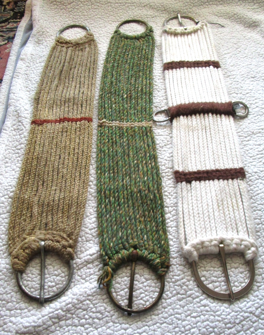 3 WESTERN ROPE CINCHES WHITE, GREEN AND BROWN 29 29 27.5''