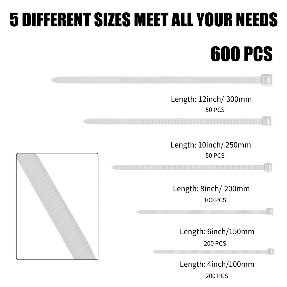 600PCS Cable Zip Ties Assorted 4 6 8 10 12 Inch Nylon Self Locking White