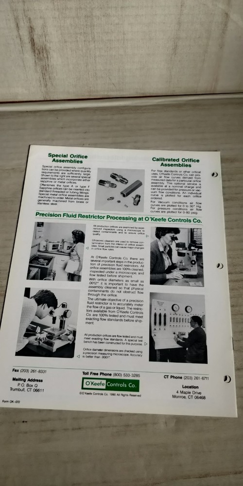 1990 O'Keefe Controls Co. PRECISION FLUID RESTRICTORS Catalog C3