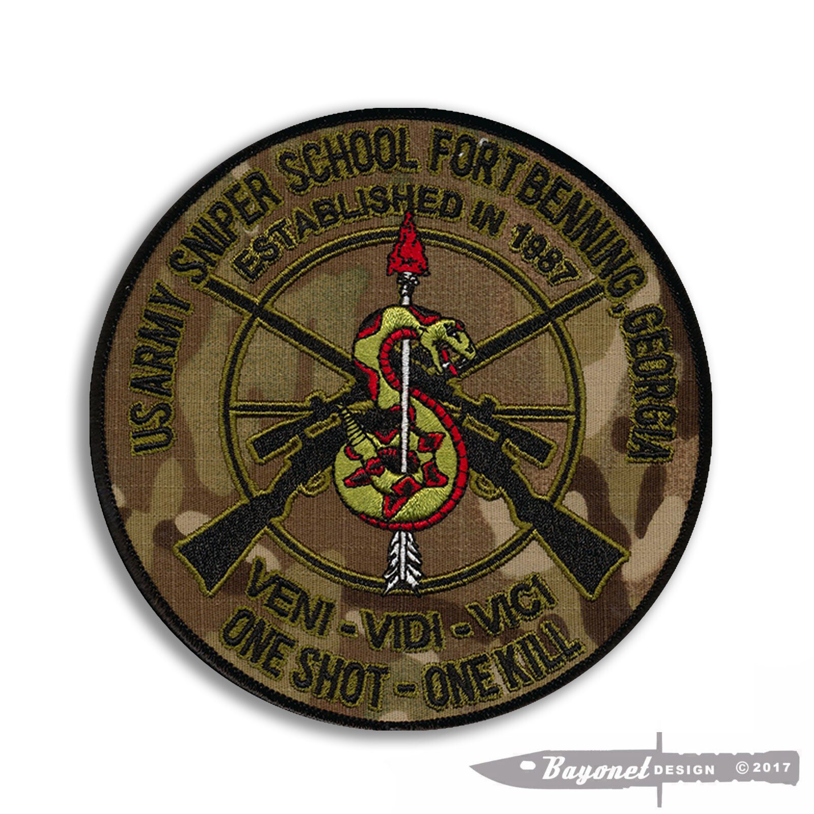 US Army Sniper School MULTICAM embroidered patch 5" diameter, with a Wax backing
