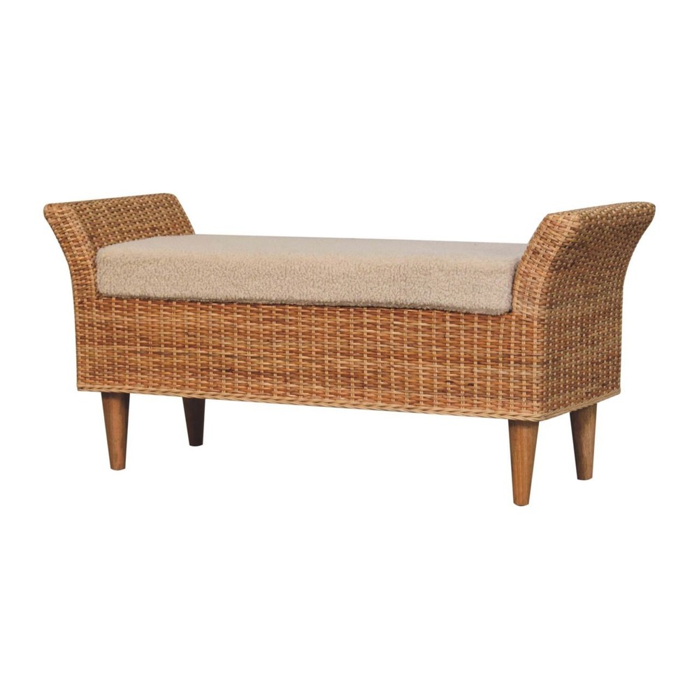 Rattan & Boucle Upholstered Bench