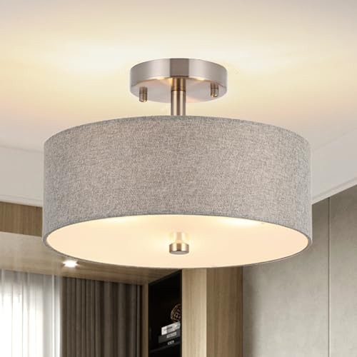 3-Light Semi Flush Mount Ceiling Light Fixture, 13" 13 inch Grey + White Fabric