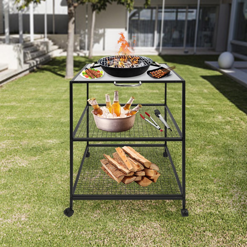Mobile Dining Cart Camping BBQ Food Prep Table Kitchen Serving Table Stainless
