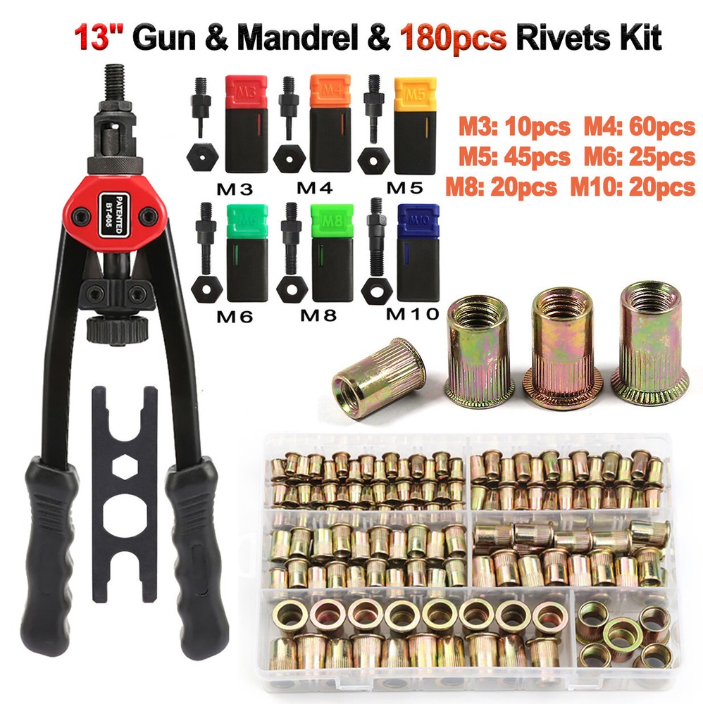 180PC Rivet Gun Nut Kit Rivnut Setting Tools NutSert Tool Hand Blind Riveter 13"