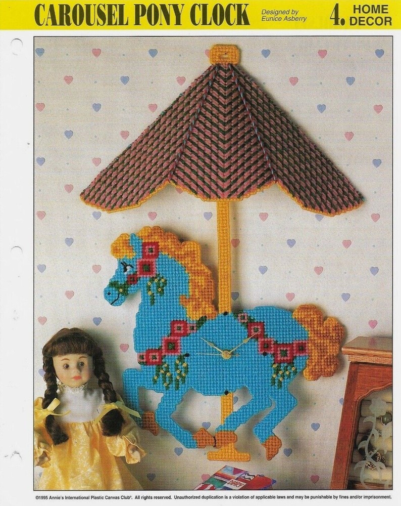 NEW CAROUSEL PONY CLOCK HOME DECOR ANNIE'S PLASTIC CANVAS PATTERN INSTRUCTIONS