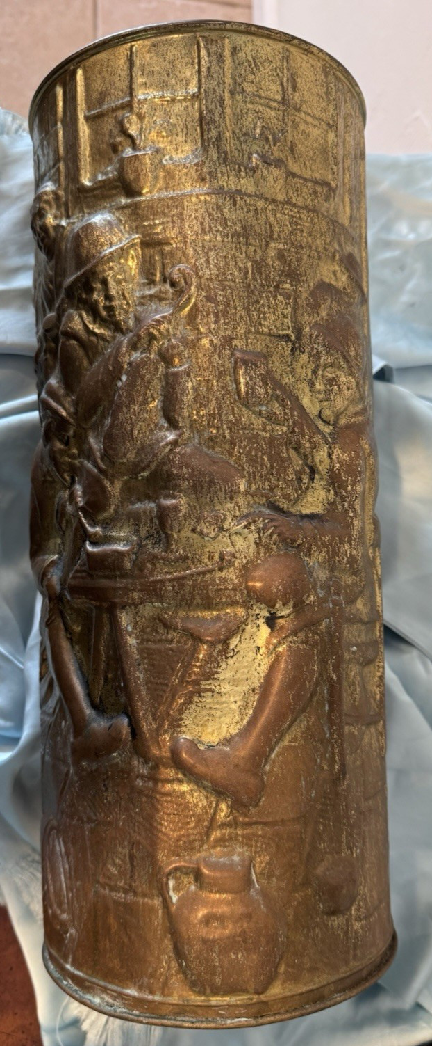 Lombard Umbrella Stand Brass Embossed Relief Colonial Pub Scene England 15" Tall