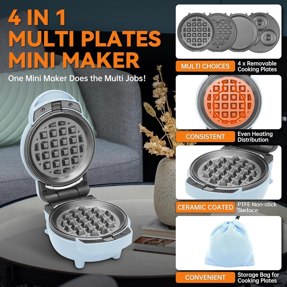 4 in 1 Mini Waffle Maker with Removable Plates, Set Includes Mini Pancake, Do...