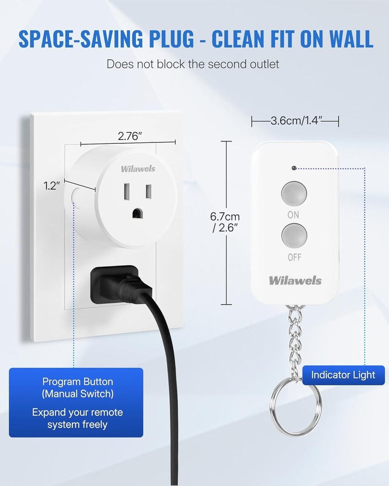 2 Pack Remote Control Outlet Plug with 100ft RF Range, 15A, Battery Included