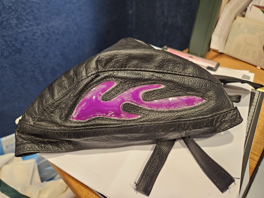 Black leather motorcycle skull cap with purple flame inserts