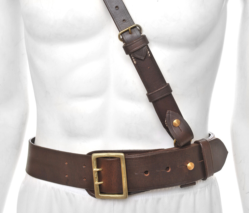 WW1 Sam Browne Belt With Shoulder Strap Premium Drum Dyed Oiled Brown Leather