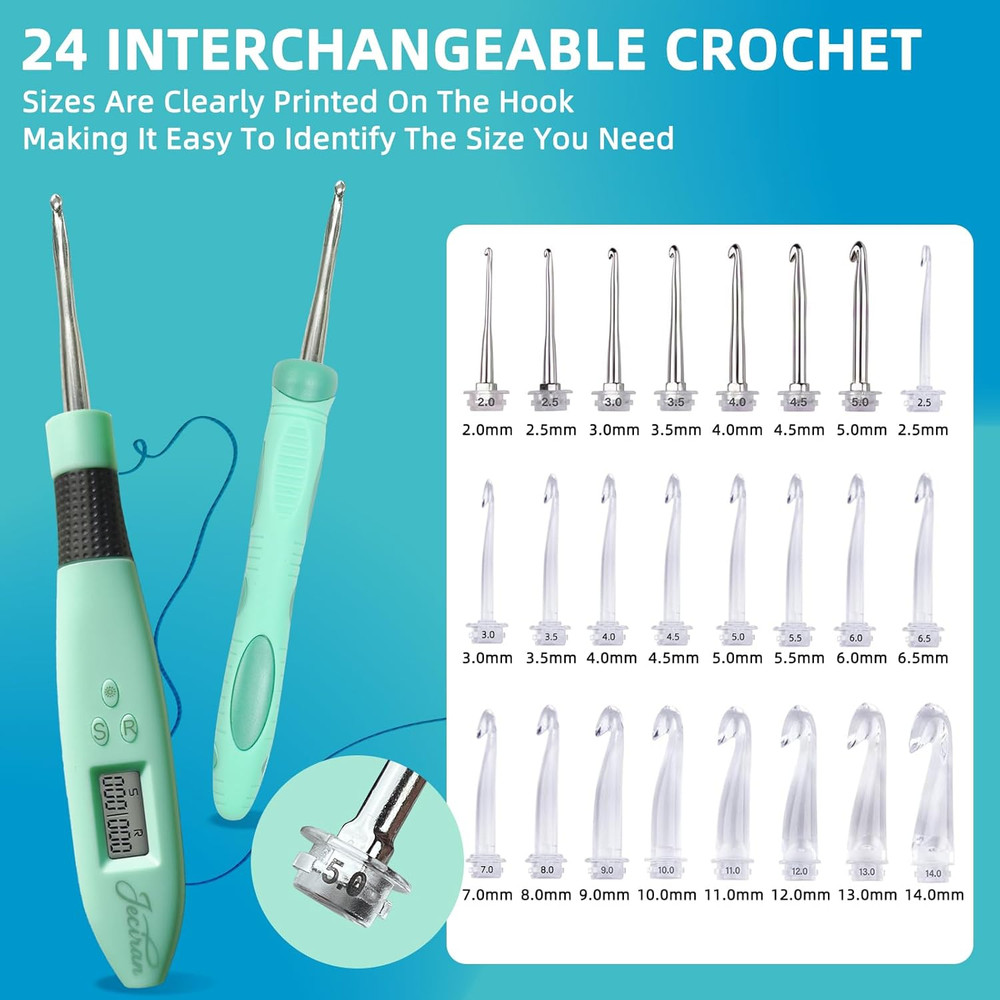 24 Interchangeable Heads Light up Crochet Hook Set with Digital Stitch Counter,E