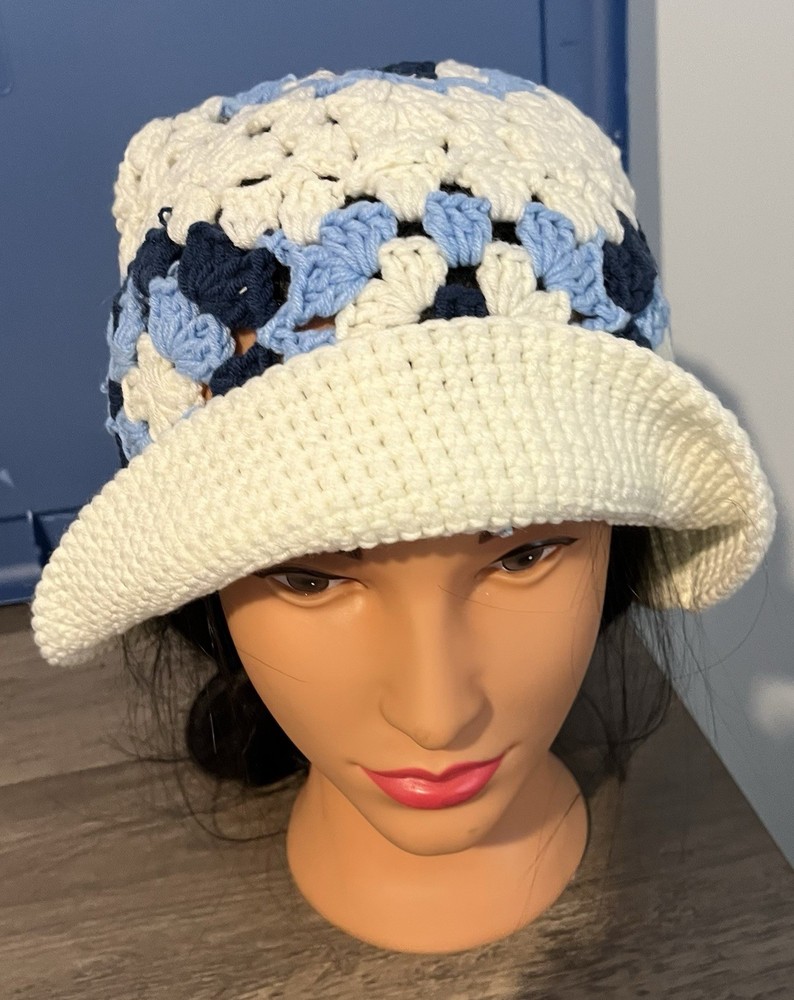 Handmade Crochet spring or summer Bucket Hat Blue White Unique Pattern Design