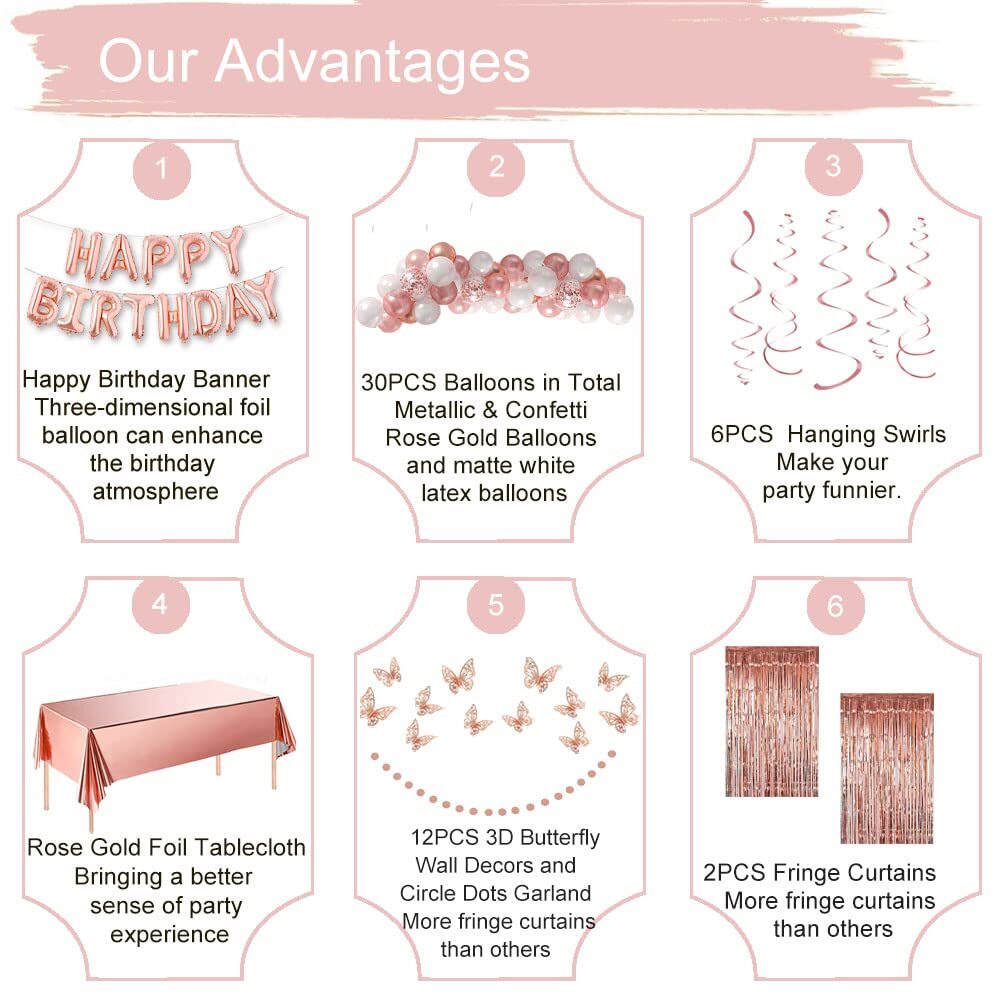 Rose Gold Happy Birthday Party Decorations for Women Girls, Happy Birthday Ba...
