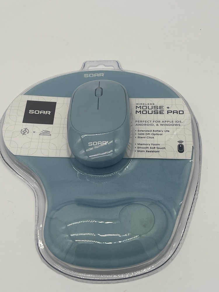 Soar Wireless 1600 DPI Optical Mouse & Memory Foam Mouse Pad Set - Blue - New
