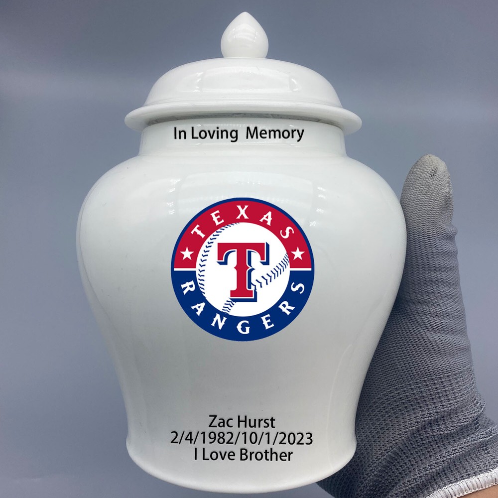Ceramic Medium Urn for Texas Rangers Baseball Theme, Custom Text & Number