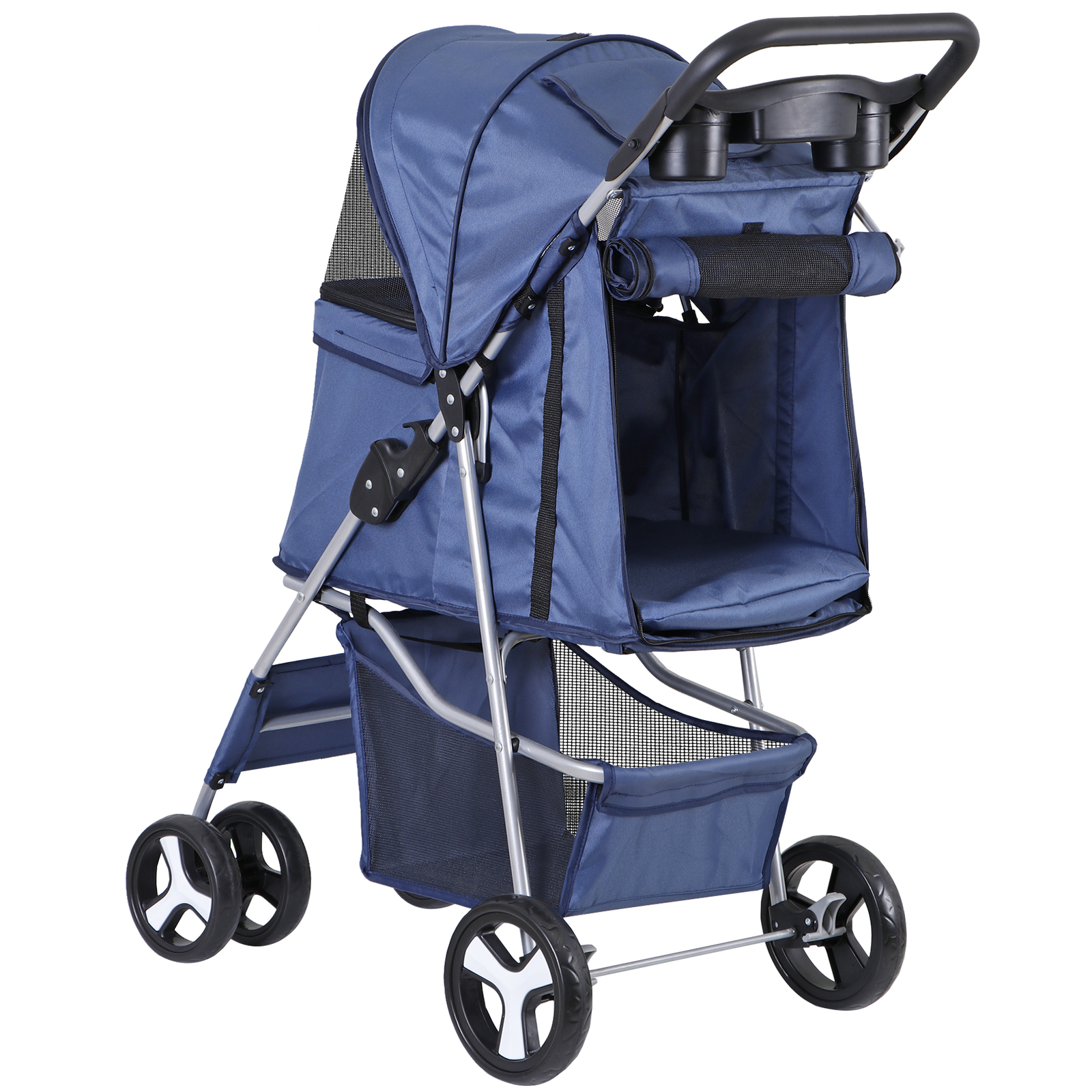 4 Wheels Blue Pet Stroller with Cup Holder, Breathable Mesh for S/M Dog Cat