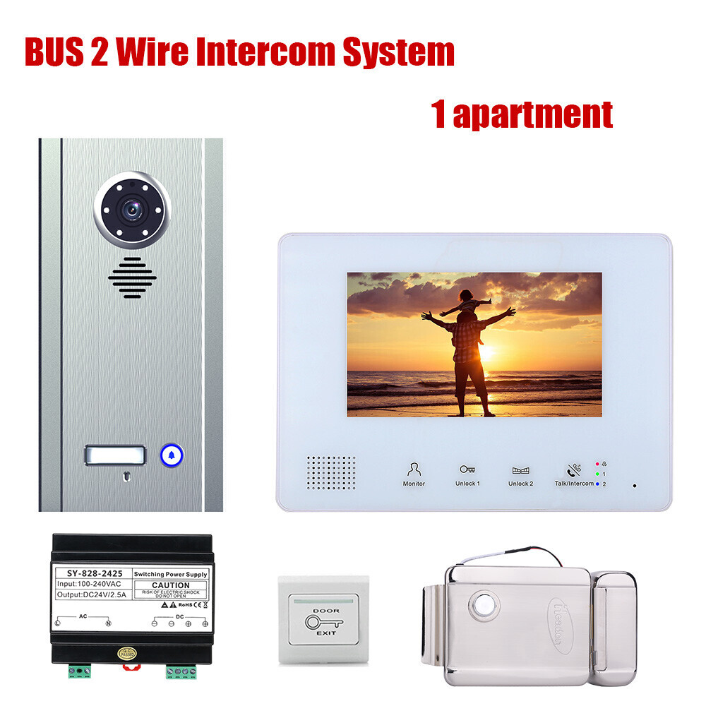 7 Inch BUS 2 Wire Video Phone Intercom Systems Kit Door With Lock &Exit Button
