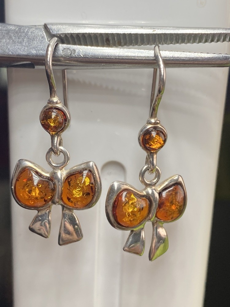 Серьги винтаж серебро, 925 проба, Камень Янтарь, Бантики